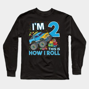 2nd Birthday Monster Truck Party Gift 2 Year Old Boy Long Sleeve T-Shirt